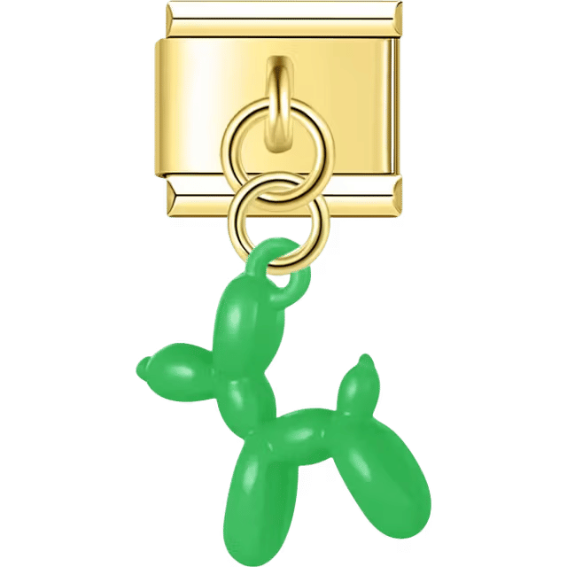 Gold Italian charm dangle with a green balloon dog figurine hanging from two gold rings.